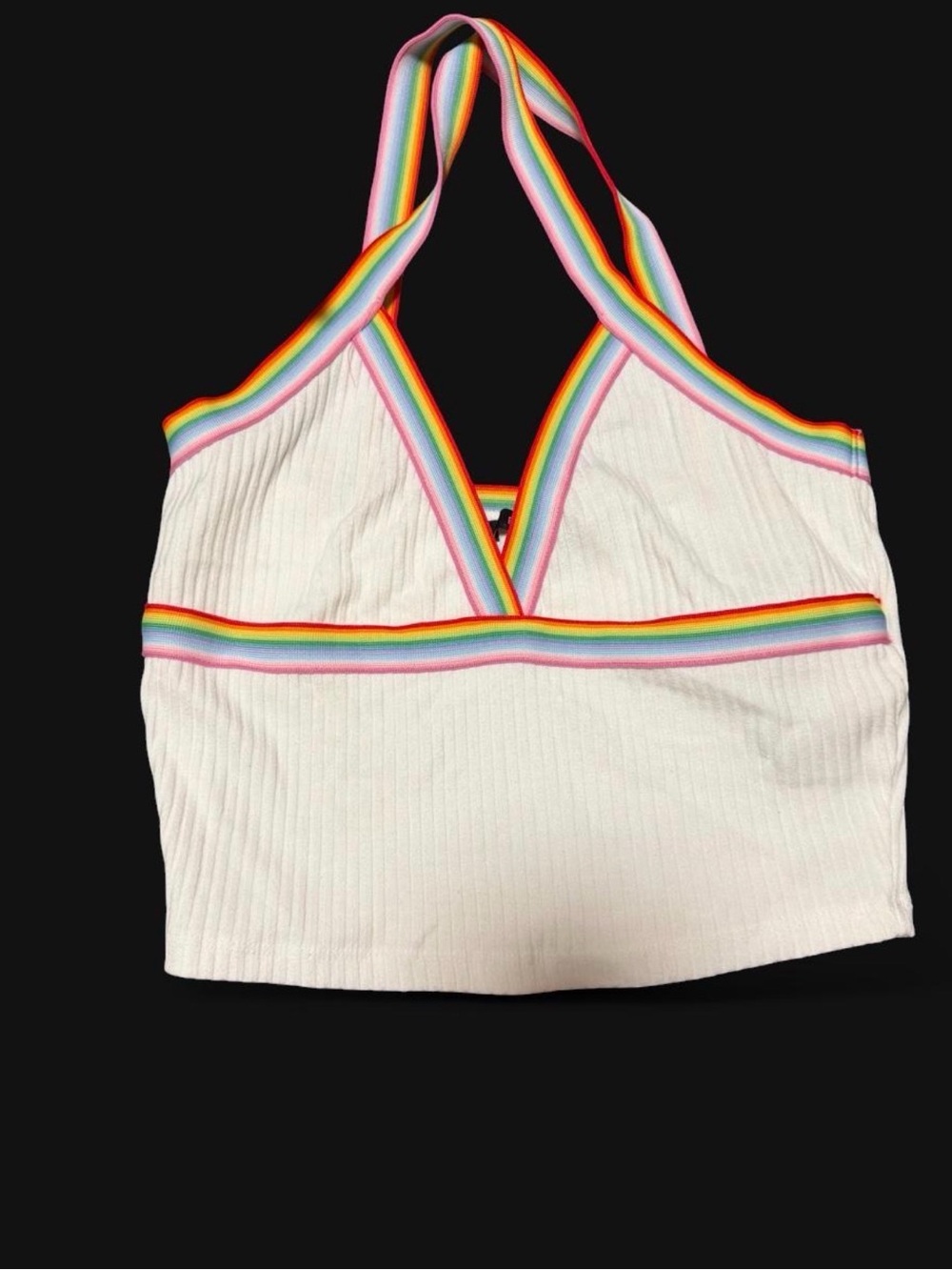 Forever 21 White Ribbed Crop Top with Rainbow Trim